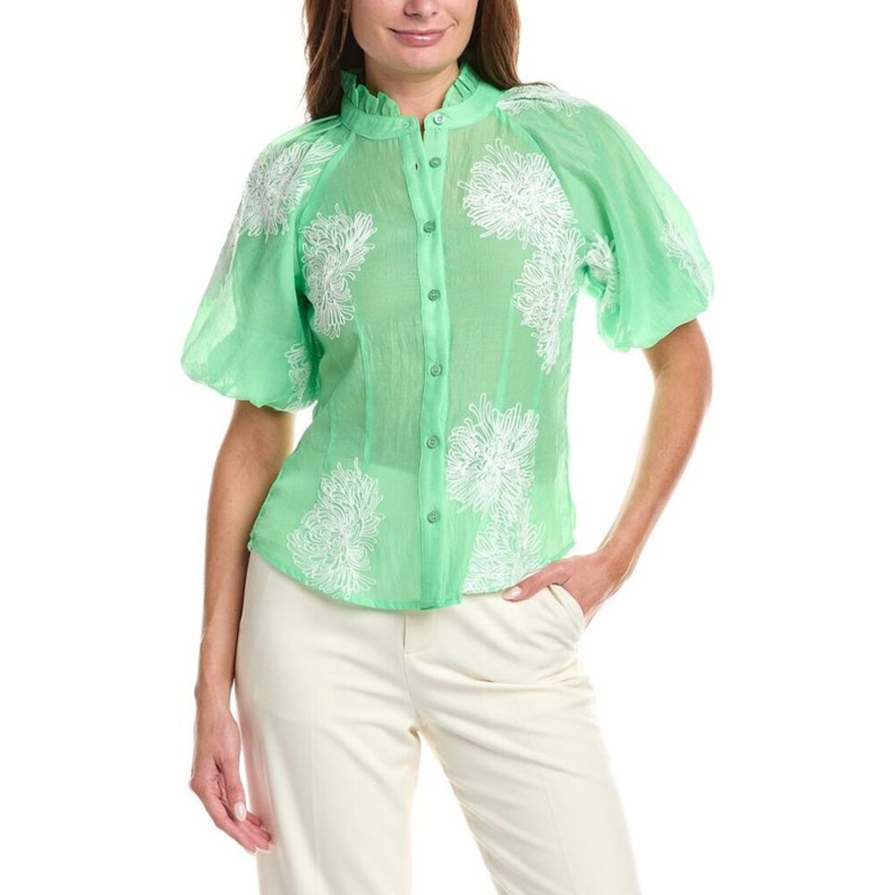 Gracia Womens  Puff Sleeve Embroidered Organza Top, Green